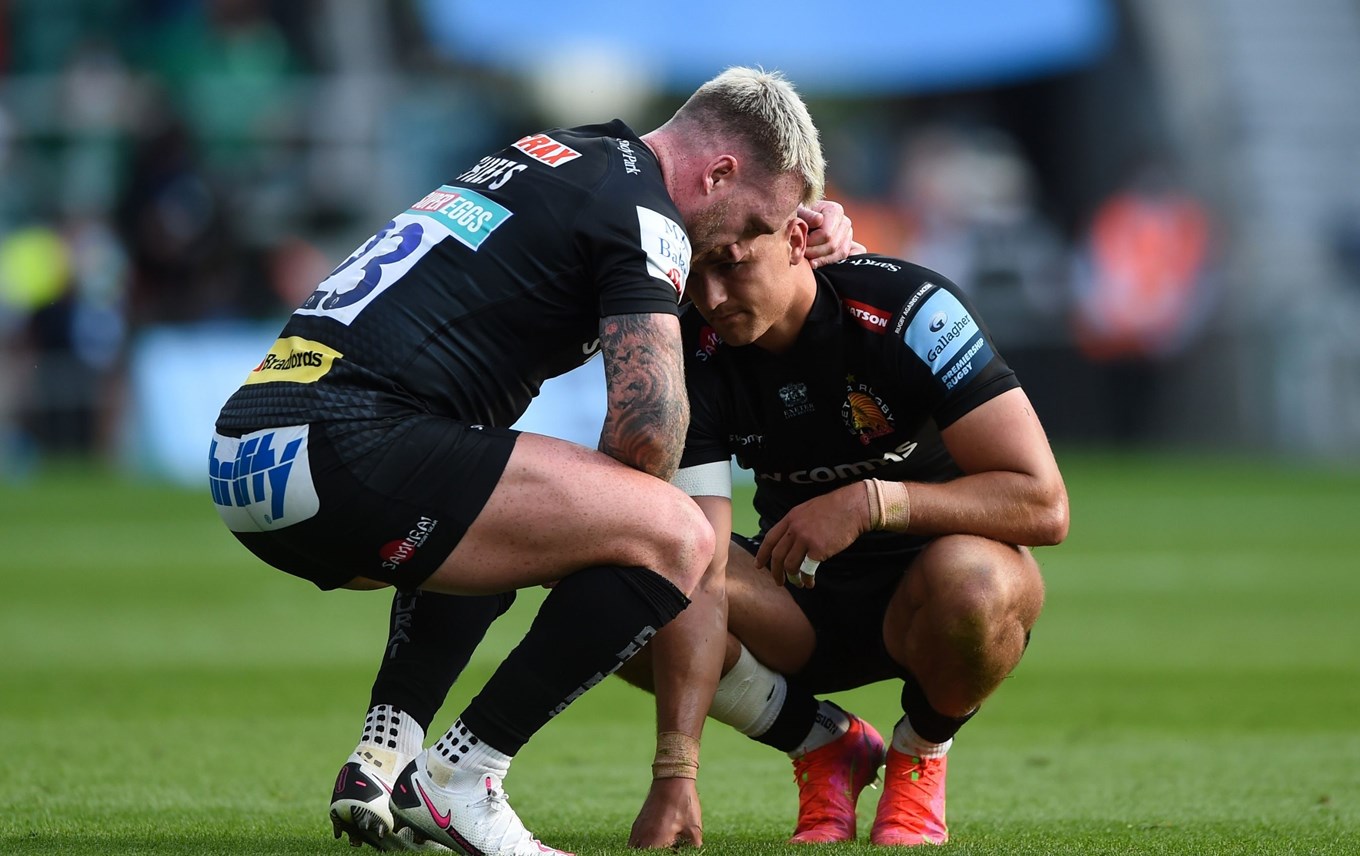 Exeter Chiefs prop Alec Hepburn drives over to score during the